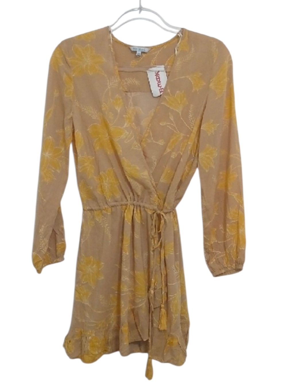 blue island Yellow And Beige Wrap Ruffled Dress with Yellow Floral Print XS New